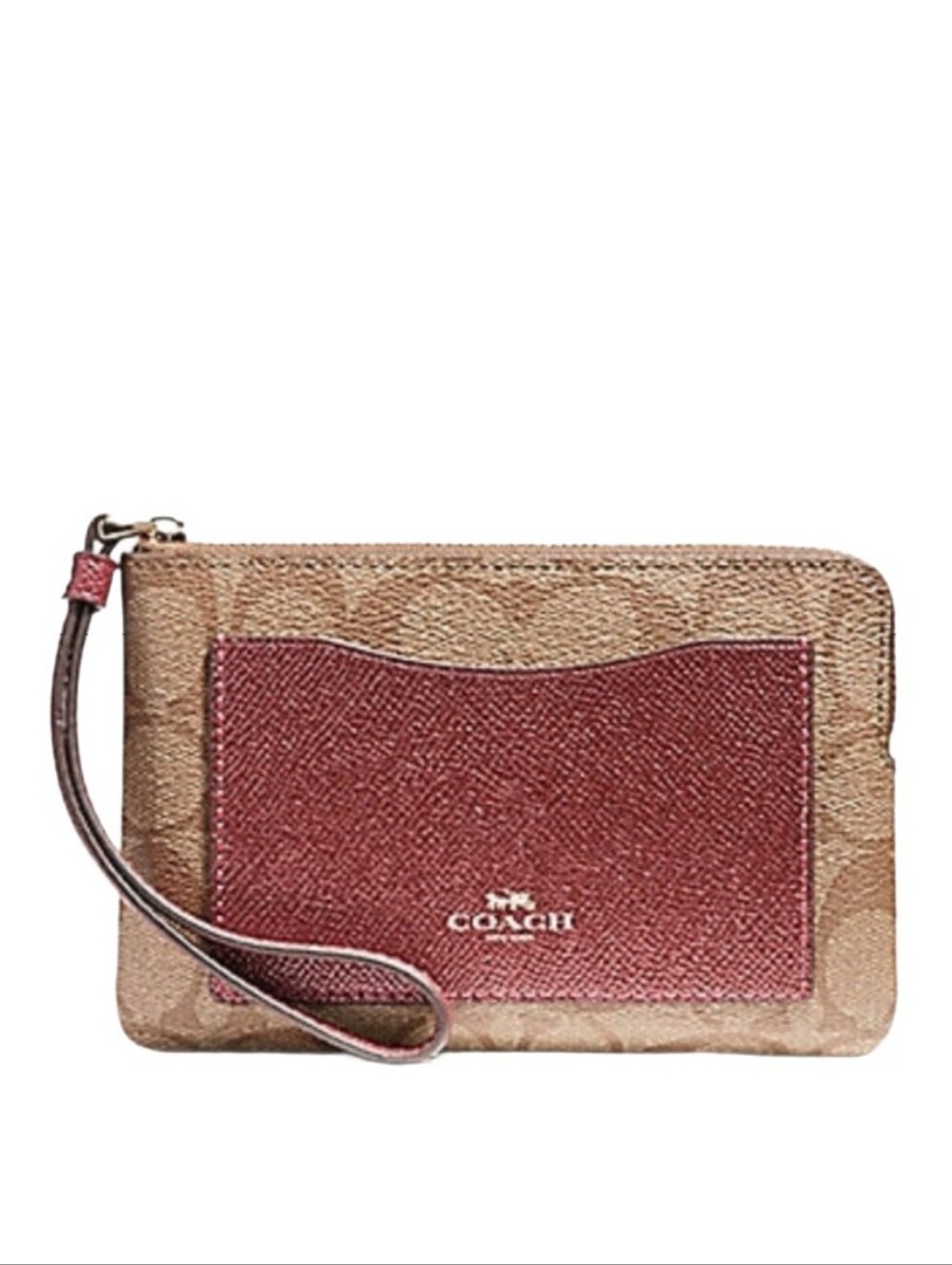 🤎 Coach Khaki Brown Metallic Red Coated Canvas Corner Zip Wristlet Wallet